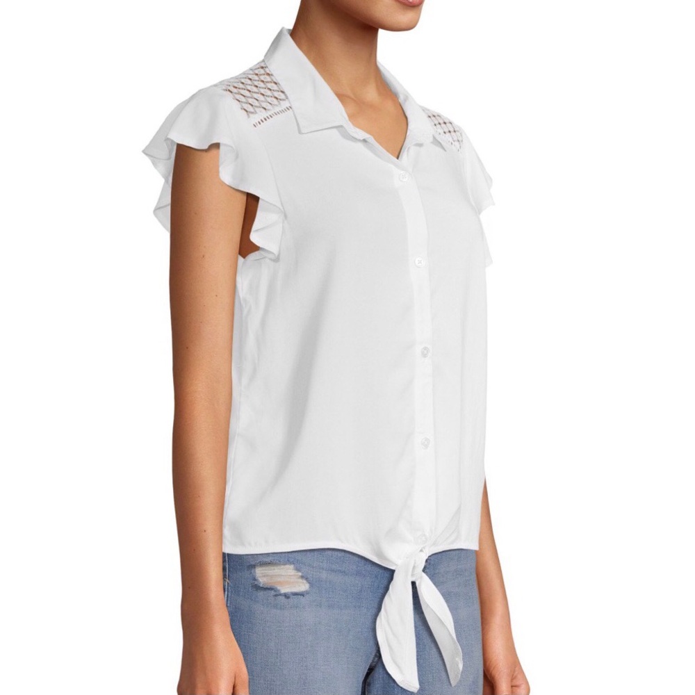 Crochet Yoke Tie Front Blouse, White